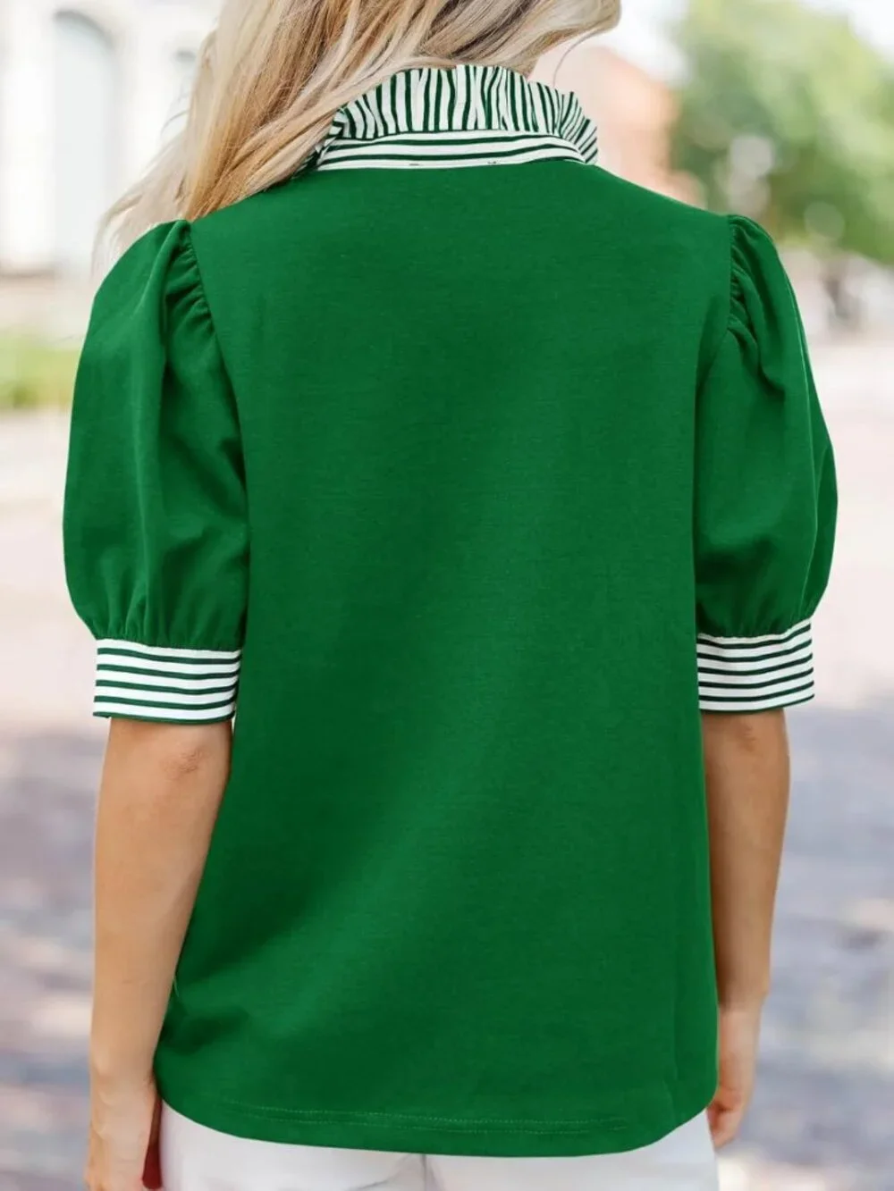 Women's Summer Puff Sleeve Blouse Green Ruffle V Neck Tops Color Block Striped
